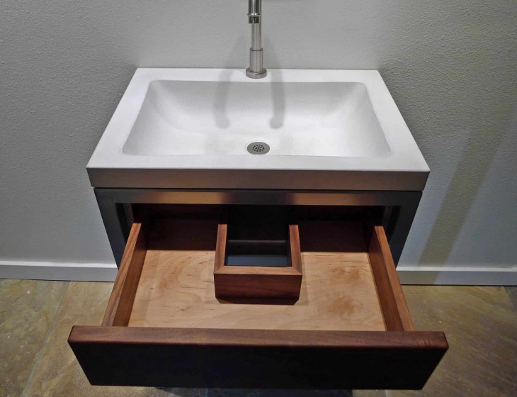 Concrete, steel,  and walnut vanity