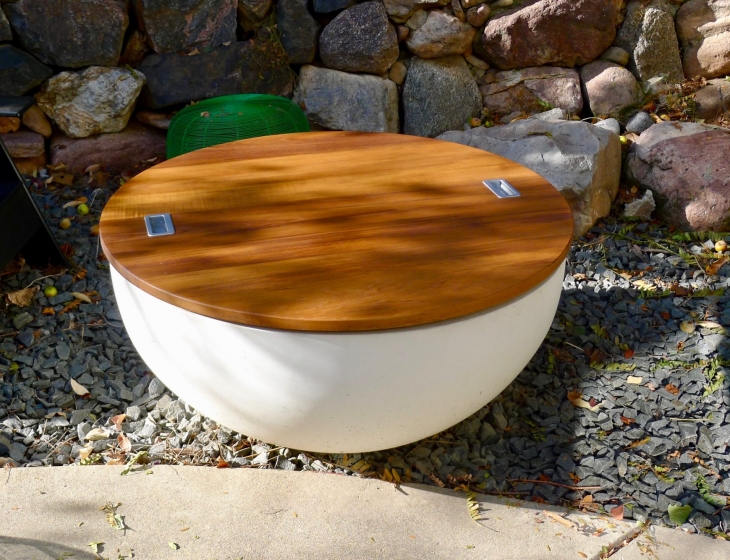 Concrete fire bowl with teak top