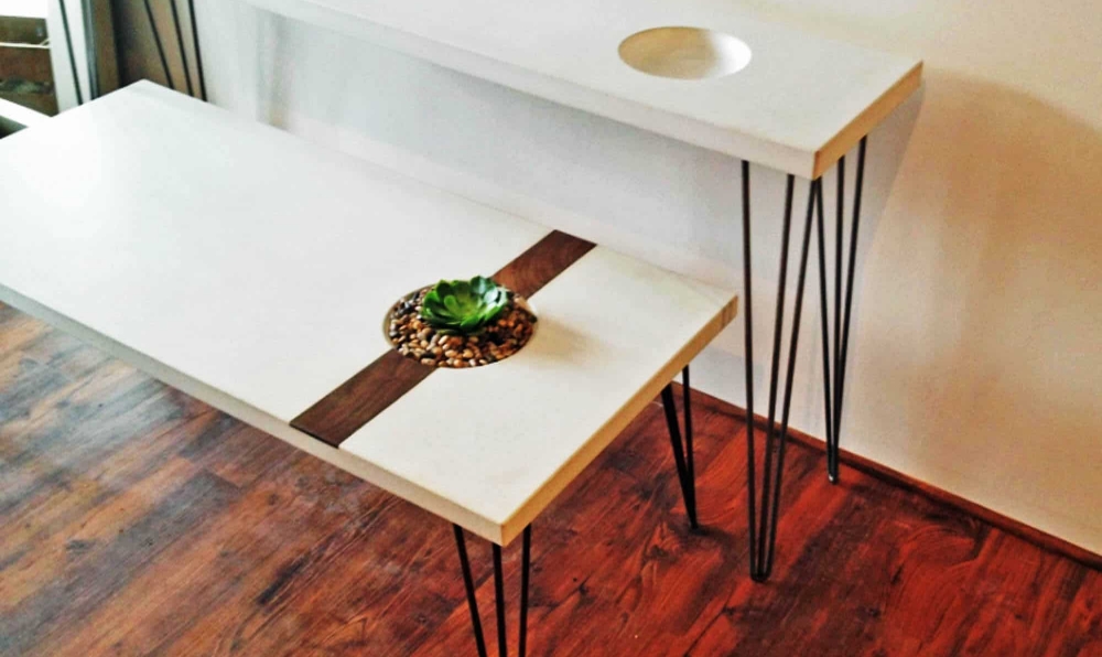 concrete table with cactus planter