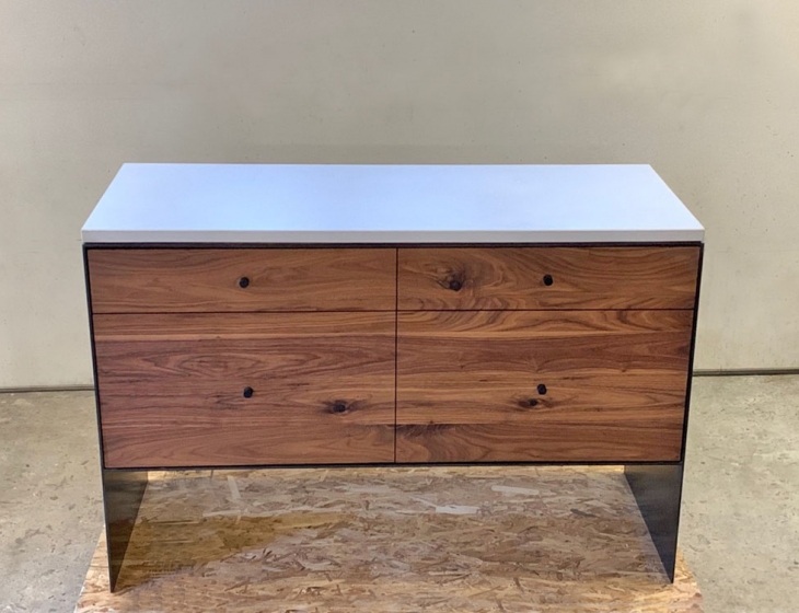 Concrete, steel and walnut credenza