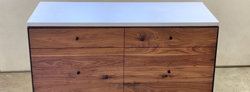 Concrete, steel and walnut credenza