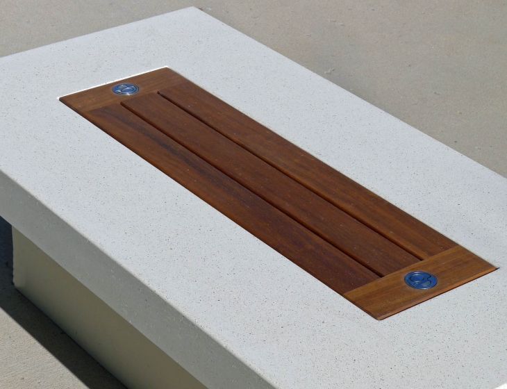 Concrete fire table with teak top