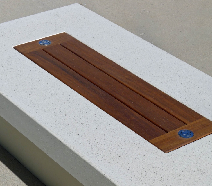 Concrete fire table with teak top
