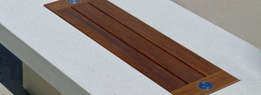 Concrete fire table with teak top